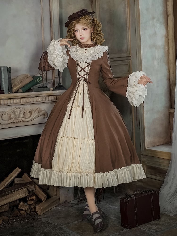 Lolita and Bell Beige Neckline Dress Long Brown Version Ruffle Elegant Sleeves