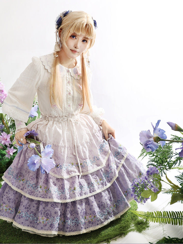 オンブレバイオレットティアードスカート アイリス刺繍 繊細