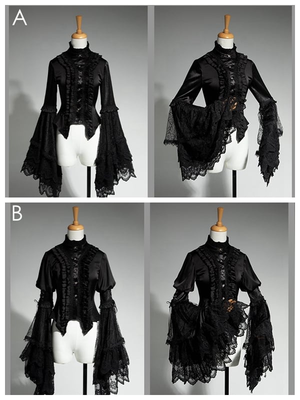 Hals Aristocrat Patched Fashion Spitzenärmel Schwarzes Hemd Ouji Bell Lolita Rüschen