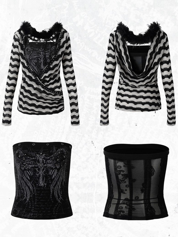 White with Vintage Set Deconstructed Fur Design Bustier Black Striped Top Faux Knit