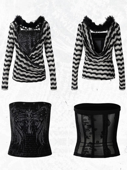 White with Vintage Set Deconstructed Fur Design Bustier Black Striped Top Faux Knit