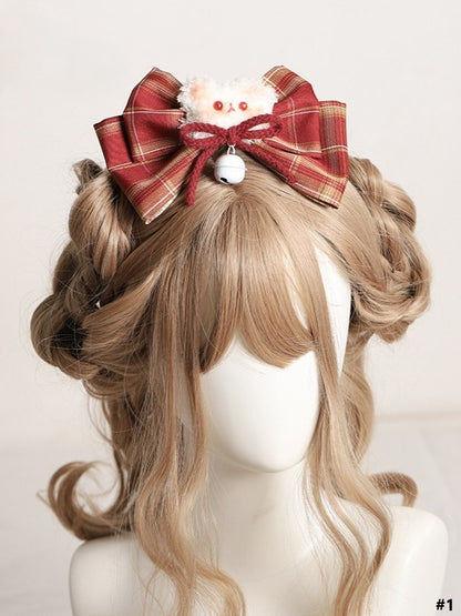 4 Options Sweet Lolita Red Plaid Bear Bowknot Hairclip