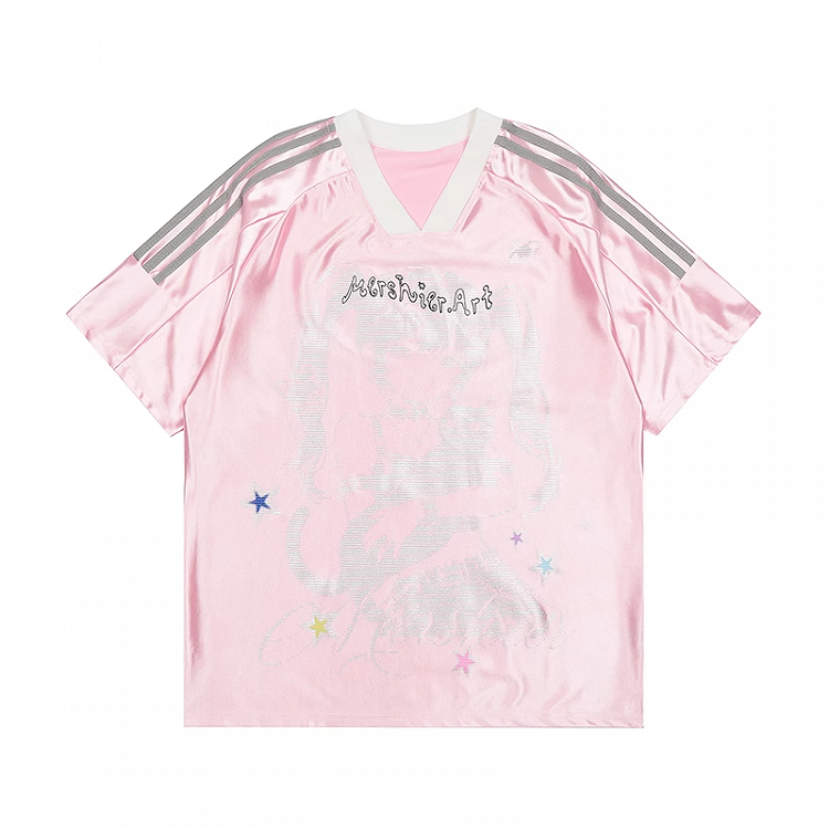 V-Ausschnitt Blau/Rosa Blokette T-Shirt Anime Girl Print Core Loose