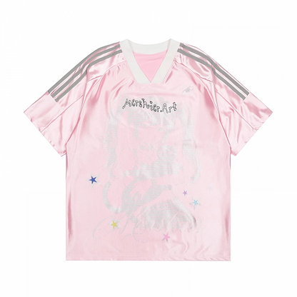 V-Ausschnitt Blau/Rosa Blokette T-Shirt Anime Girl Print Core Loose