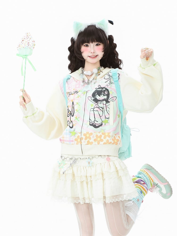 Girl Cartoon Zip-Up Patchwork Print Plaid with Blue/Beige Hoodie Winged