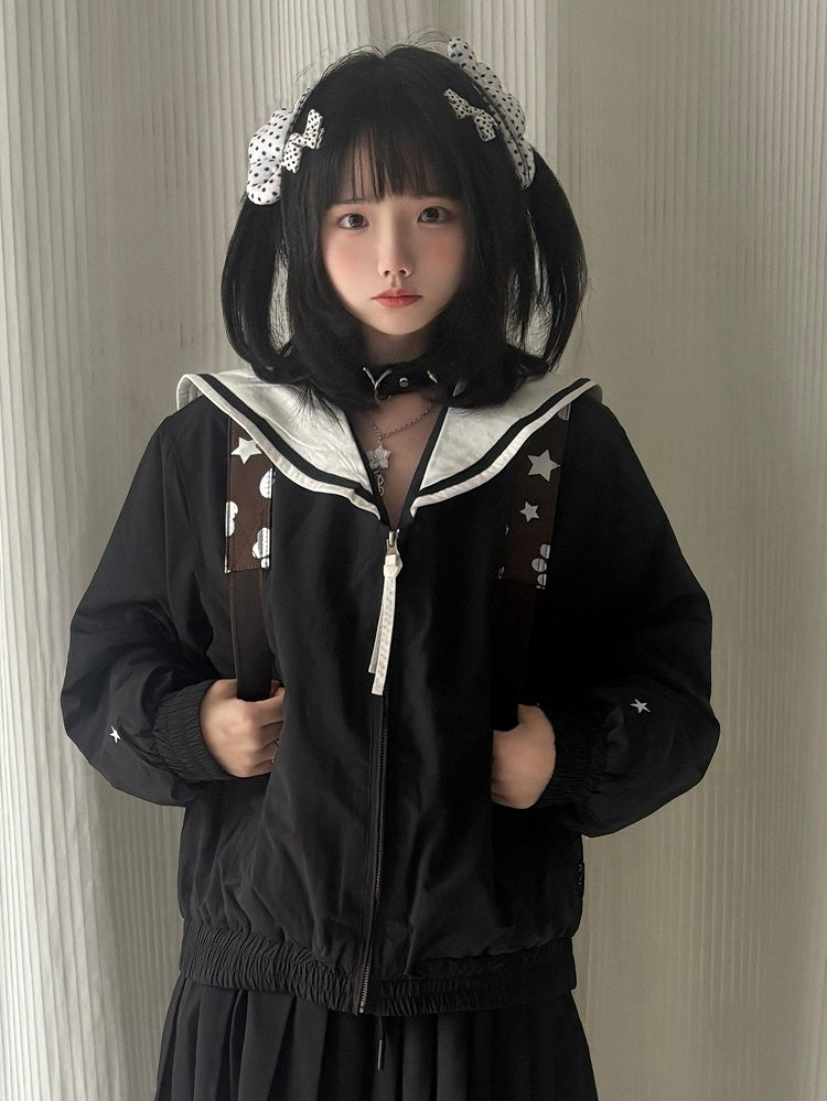 Star Collar Front with Black Sailor White Jacket Zipper - Patches Heart