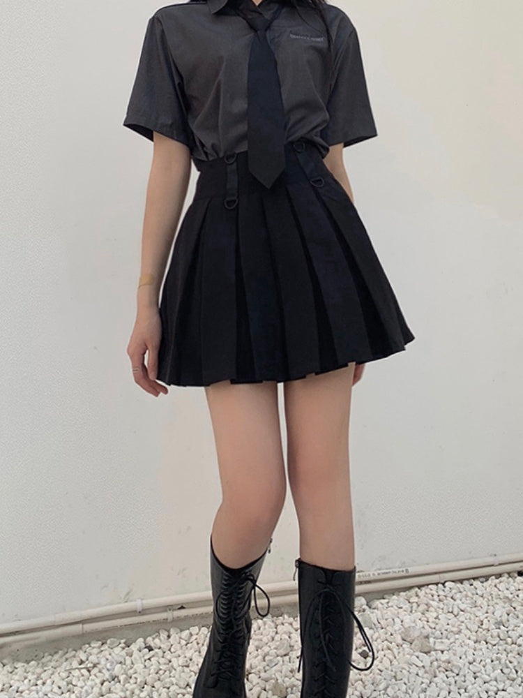 Black High Waist Box Pleat Overall Skirt