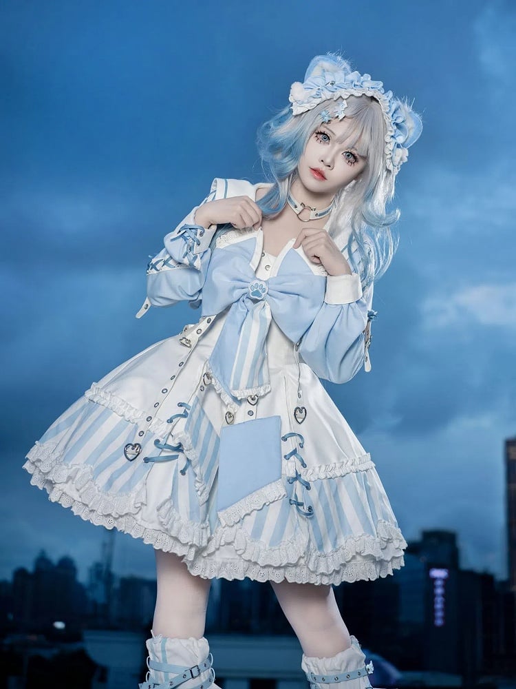 Kitty Light Bow Kaiwai Set Blaues JSK-Kleid Kurz geschnittenes Tenshi Lolita Sailor Striped Big Top Muster Ohren + - Kragen