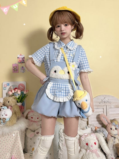 Little Penguin Blue Plaid Short Sleeves Blouse Lace Trim