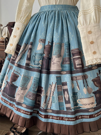 Blue Brown Coffee Cup Bookshelf Print Elegant Skirt Ruffled Hem - Dream Whale