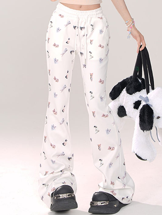Elastic Comfortable Pattern Cat Flared White Pants: with Leg Kawaii Waist Thicken/Regular