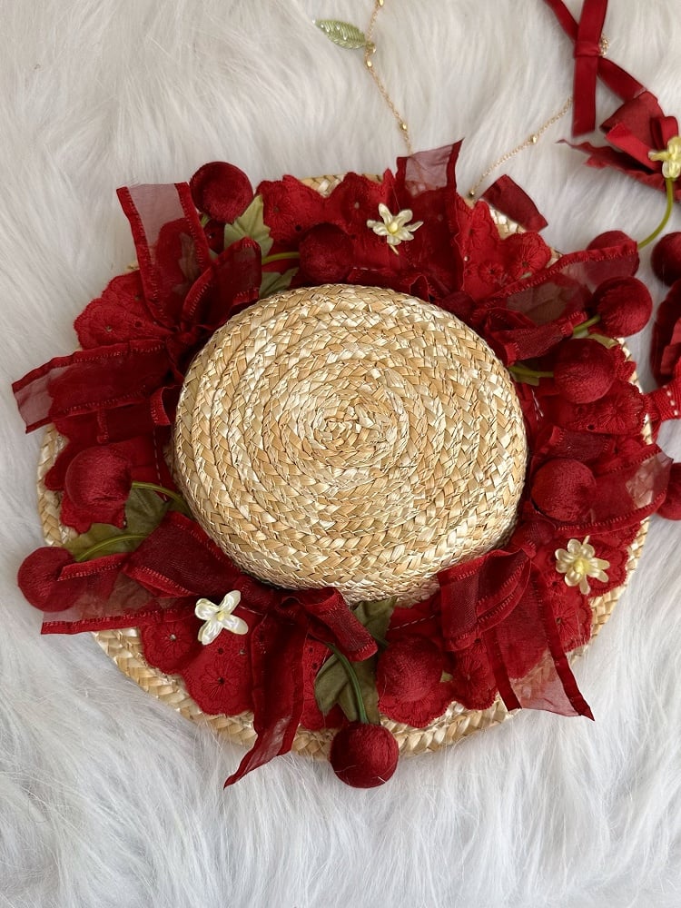 Lace Hat Red Cherry Lolita Straw Sweet Detail Bow Mini