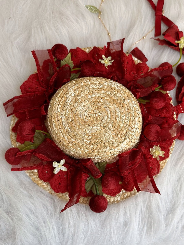 Lolita Detail Lace Hat Sweet Straw Cherry Bow Mini Red