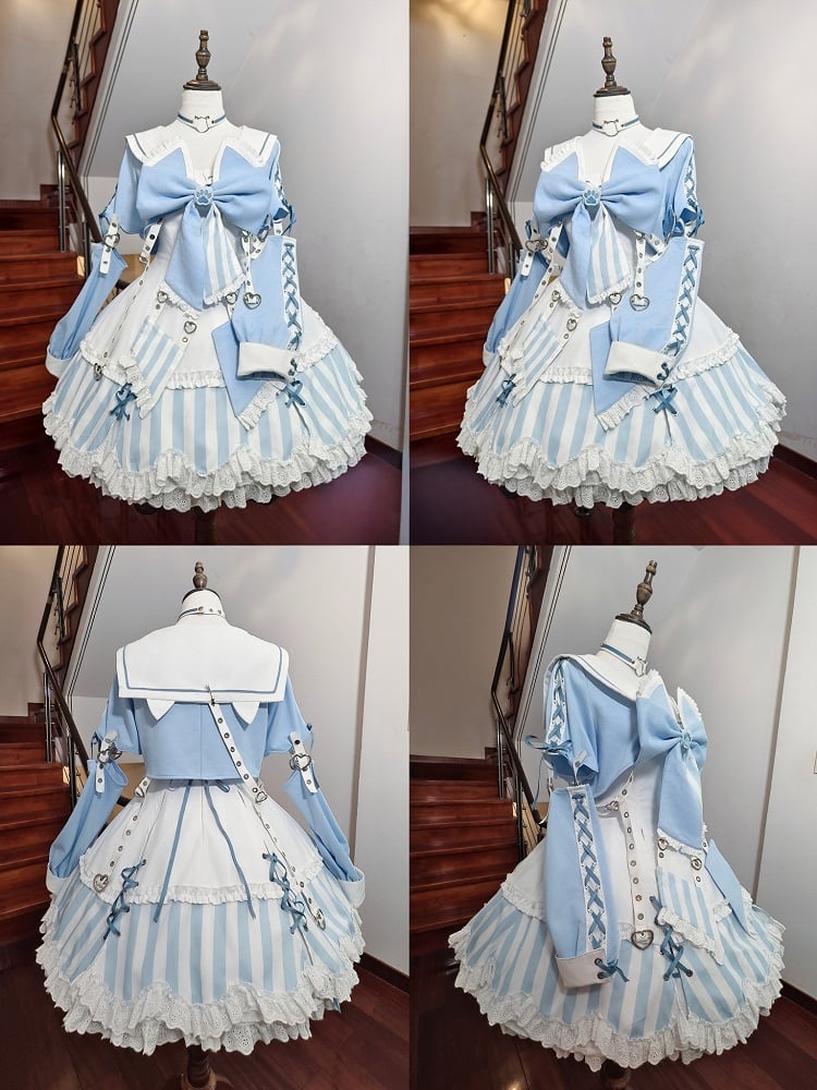 Kitty Light Bow Kaiwai Set Blaues JSK-Kleid Kurz geschnittenes Tenshi Lolita Sailor Striped Big Top Muster Ohren + - Kragen