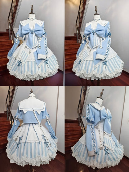 Kitty Light Bow Kaiwai Set Blaues JSK-Kleid Kurz geschnittenes Tenshi Lolita Sailor Striped Big Top Muster Ohren + - Kragen