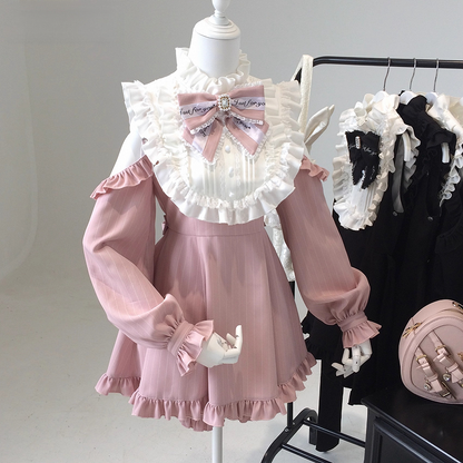 Jirai Dress Sleeve Shorts Convertible with Kei Set: 3-Way Pink Striped