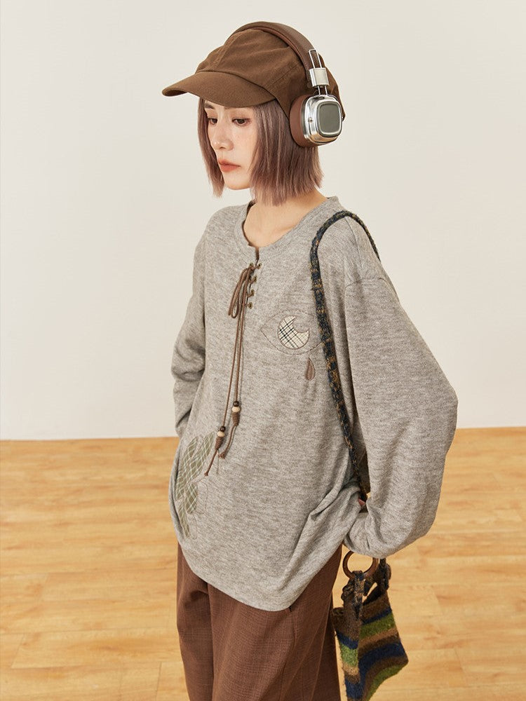 Gray Long Lace-up Shirt Embroidery Sleeve - Tie Patch Vintige Decorated Flower