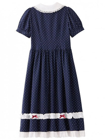 Plus Size Dark Blue Polka Dot Dress with Red Bow & Lace - Hard Candy