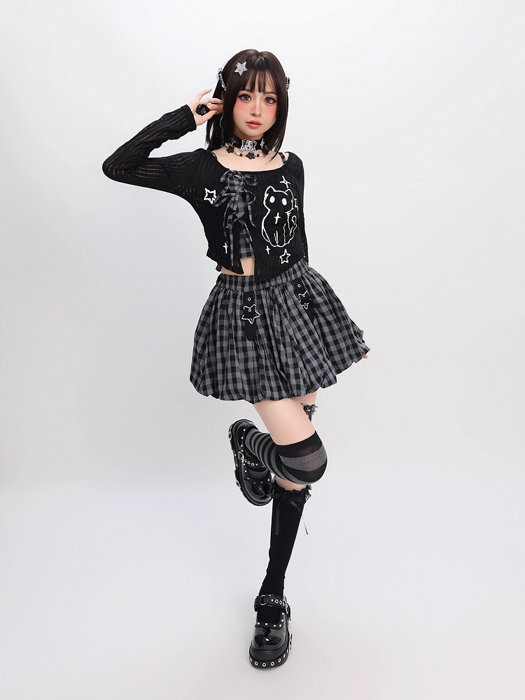 Plaid Bubble Skirt Y2K Gray / Red Star Buckles Black Black