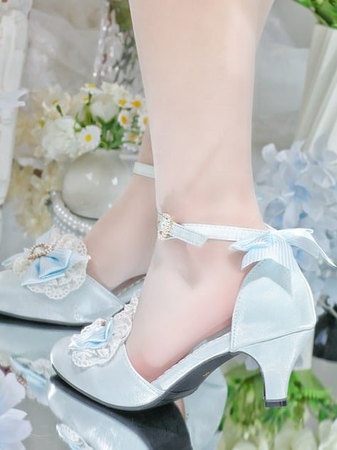 Light Blue Ballet Pointed Toe Shoes with Lace Bow - Witch's Night