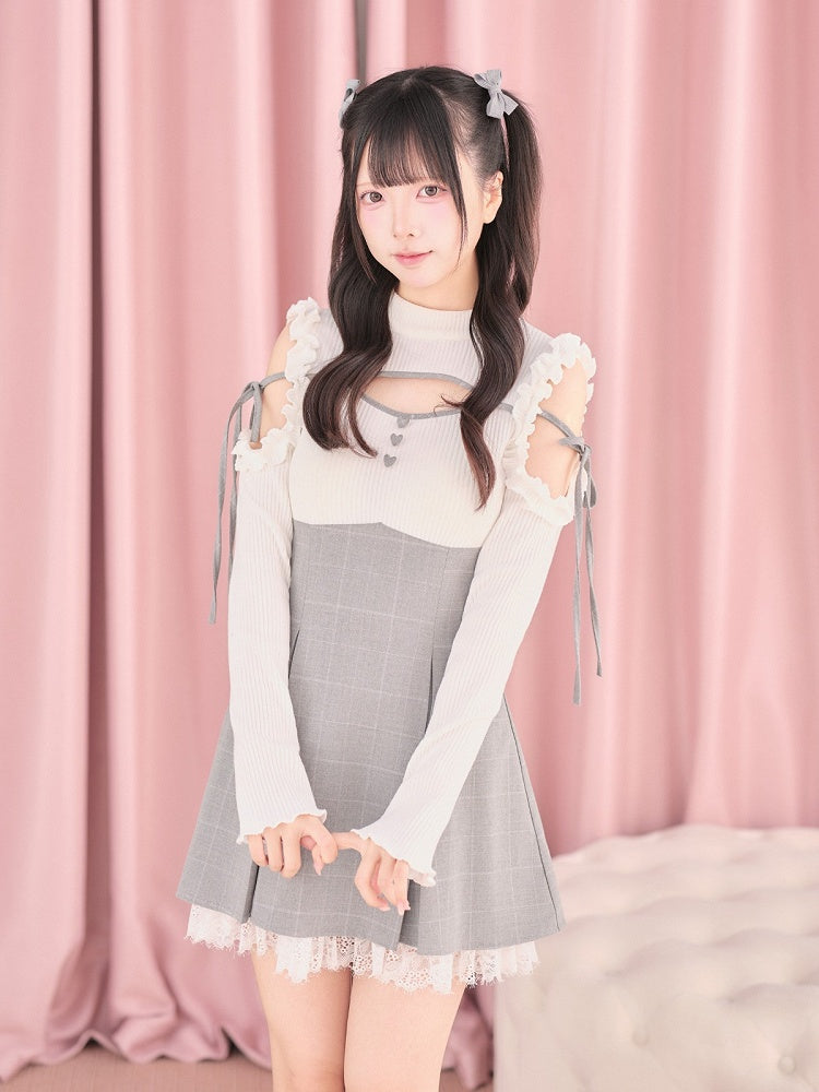 White Cut-Out Shoulder Knit Plaid Dress with Lace Trim - No Genki