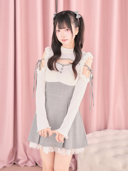 White Cut-Out Shoulder Knit Plaid Dress with Lace Trim - No Genki