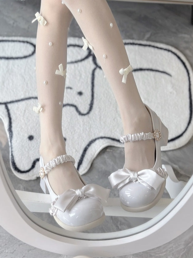 Leather - with Bead Off-white PU Mid Fastener Sweet Round Toe Heels Ornate Lolita
