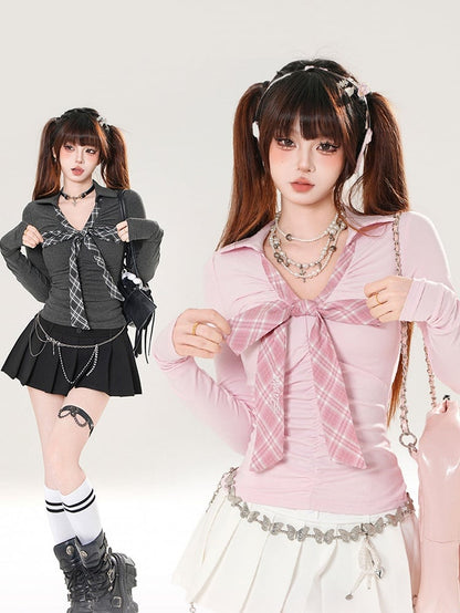 with Long Tie Gray/Pink Plaid Sleeve Accent V-Neck Bow Top