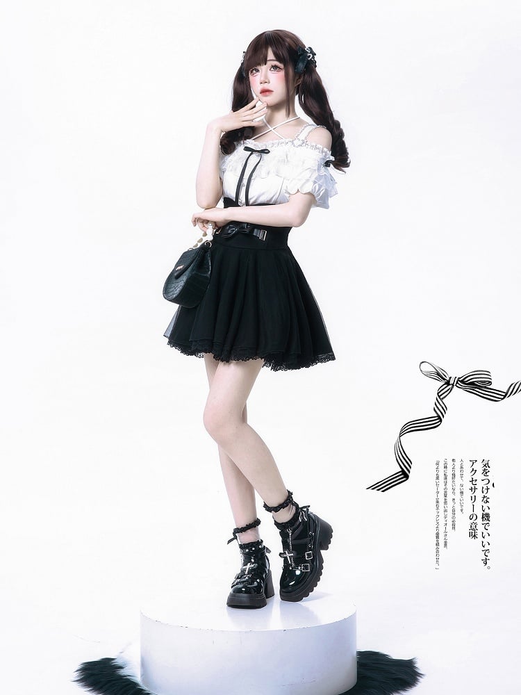 Black Bowknots White Off-the-shoulder Neckline Top Jirai Kei Style with