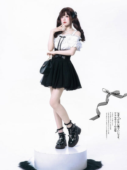 Black Bowknots White Off-the-shoulder Neckline Top Jirai Kei Style with