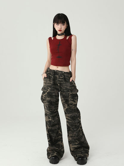 Gothic Wine Red Cross Backless Glamorous Cropped Sleeveless Top