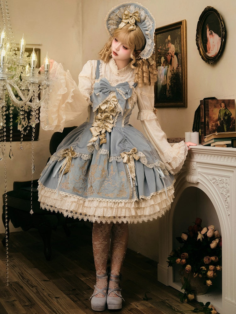 Lolita Candle JSK Kleid / Blaue Stickerei Samtschleifen Dekoration