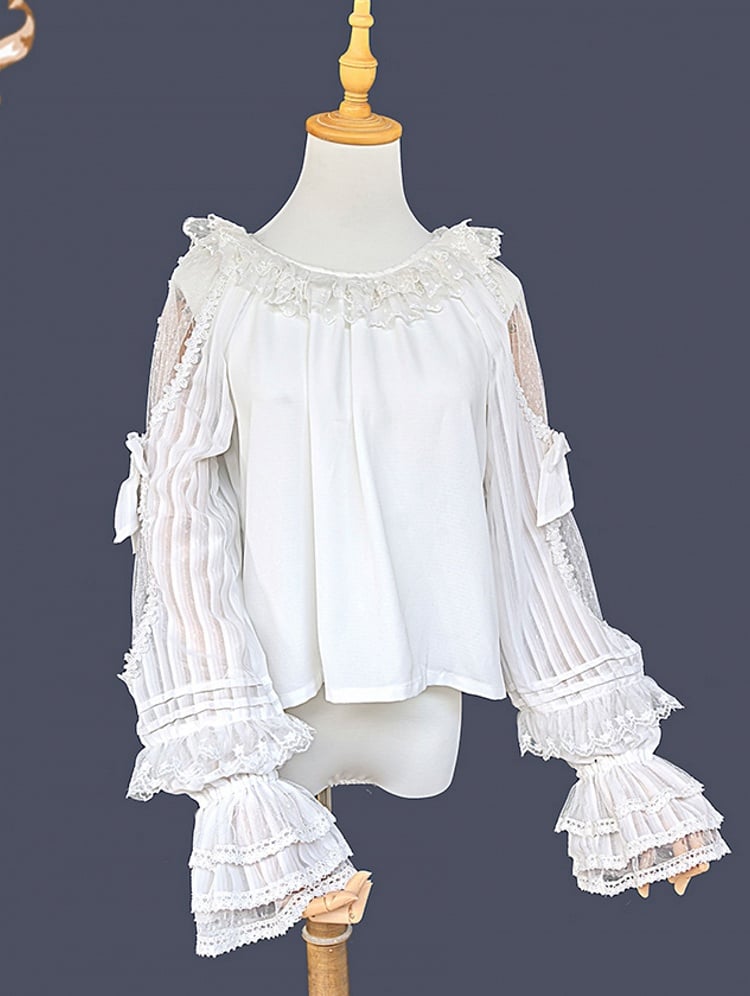 Blouse Sleeves Semi-sheer Neck Trim Lolita White with Round Ruffled and Lace