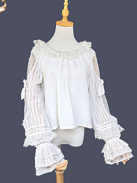 Blouse Sleeves Semi-sheer Neck Trim Lolita White with Round Ruffled and Lace