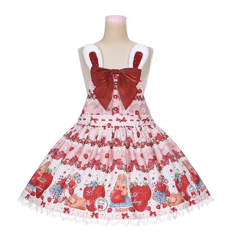 Frühlings-Erdbeer- und Kaninchen-Print Große Schleife Hasenohren-Design Hellrosa süßes Lolita-Overallkleid