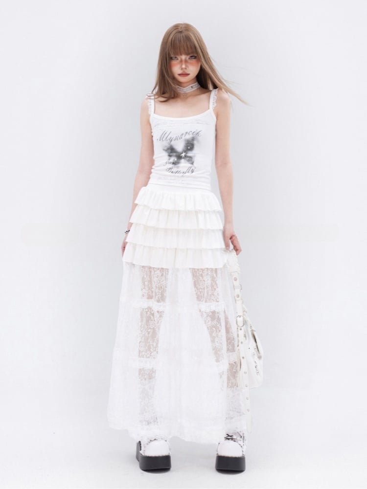 Cami Top Schmetterlingsdruck Spitzenbesatz Weiß Glamorous Slim-Fit