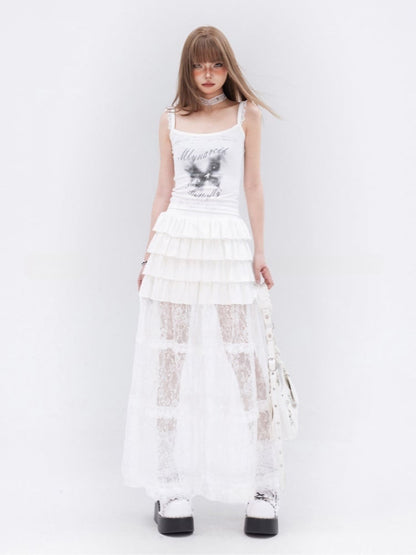 Cami Top Schmetterlingsdruck Spitzenbesatz Weiß Glamorous Slim-Fit