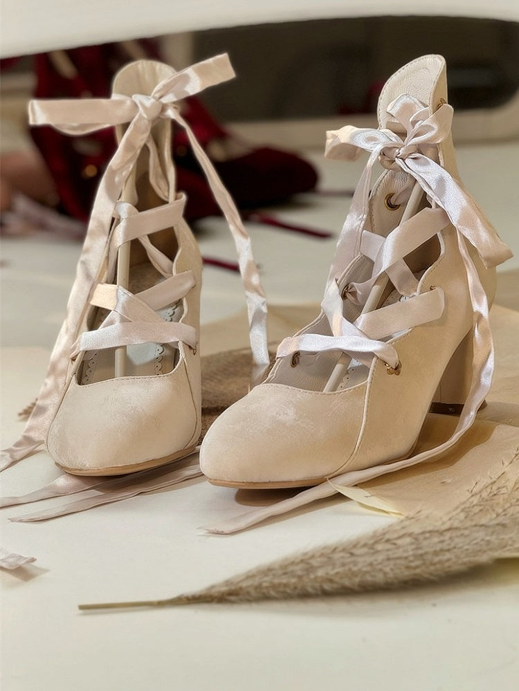 Toe Lacing Design Heels Velvet Delicate with Lolita Beige Graceful for Fashion Pointed -