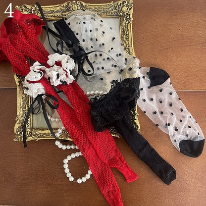 Stockings Socks/Polka-dot Tights/Black Fishnet Pattern Floral Tulle Underknee Lace Red