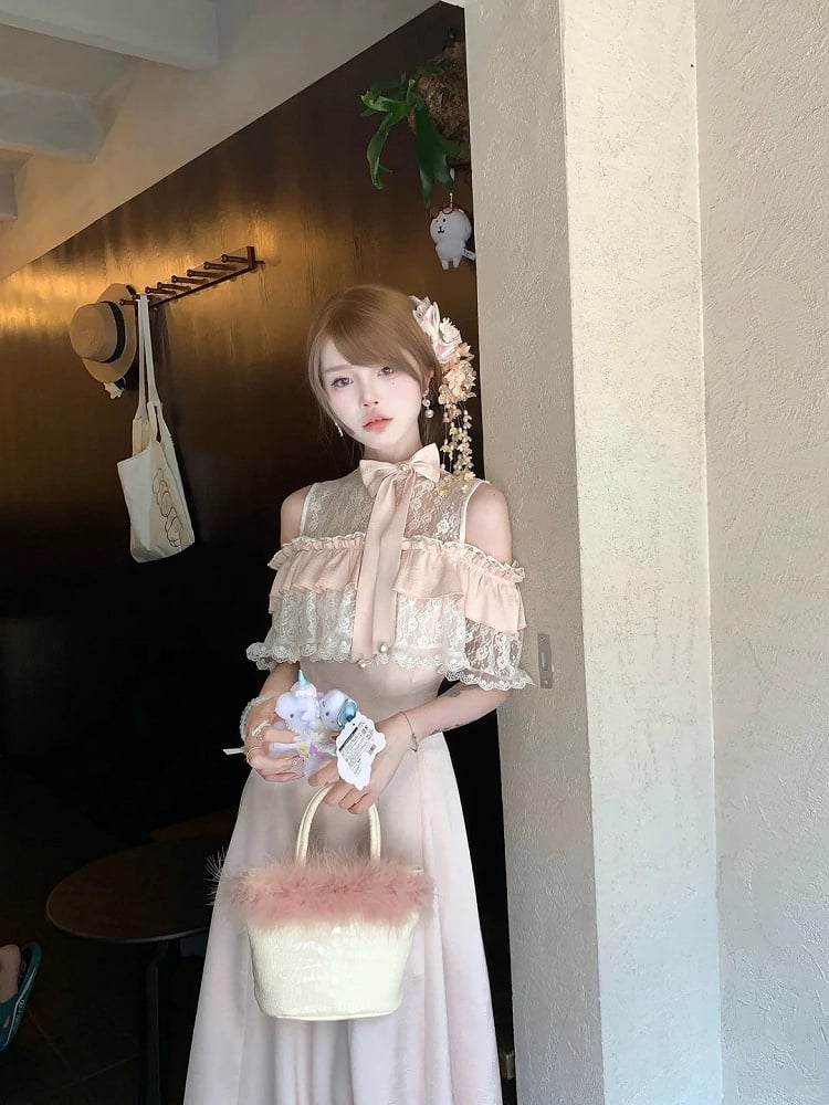 Pink Dress Illusion Neckline Off-Shoulder Kei Jirai Elegant Maxi with