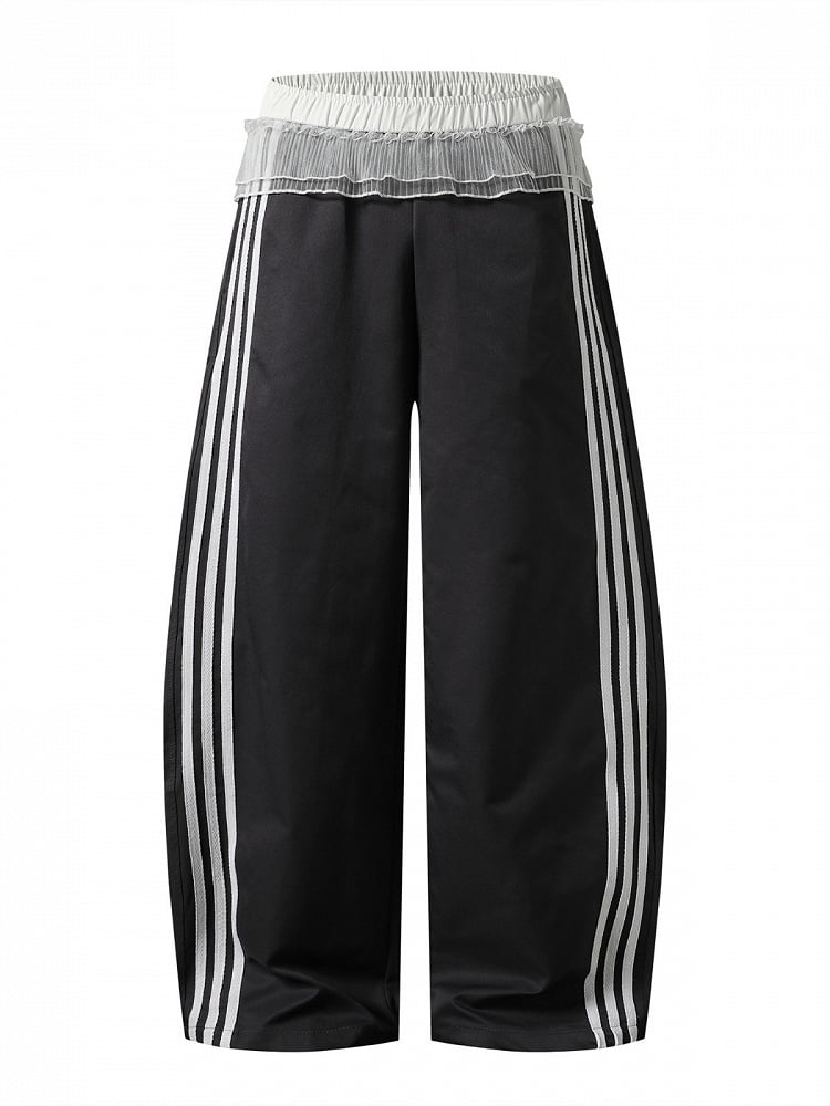 Black Striped Wide Leg Trousers with Layered Tulle Skirt - Languid Park