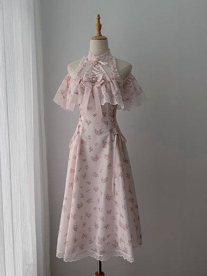 Floral Print Long Dress with Rhinestone Bow Tie - Ekomi