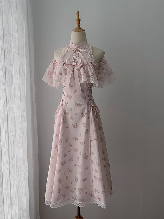 Floral Print Long Dress with Rhinestone Bow Tie - Ekomi