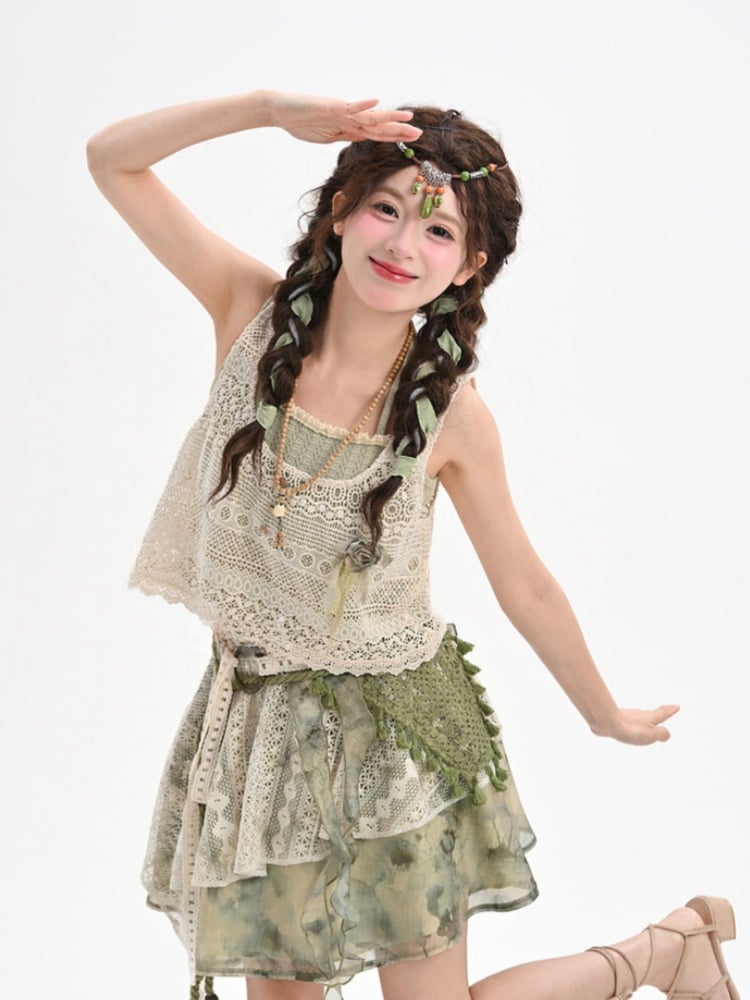 Floral Accent Beige Vest Hollow-Out Lace