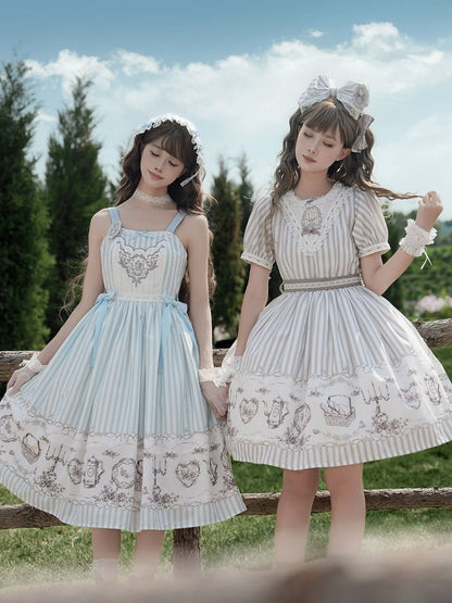 Antique Porcelain Print and Embroidery Classic Lolita JSK Dress with Blue and Gray Striped Pattern - Birds Diary