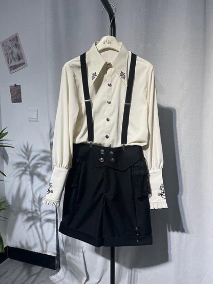 Shorts Shoulder Black Foldover Fashion Waist Straps with Ouji