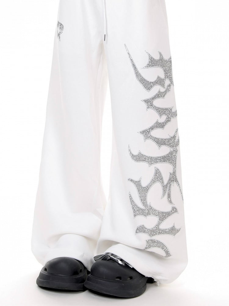 White Wide Leg Sweatpants with Rhinestones - KNOW8 Online Shop