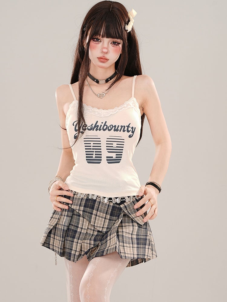 Blue/Apricot Numbers Print Lace Trim Cami Top