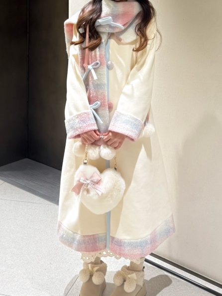 Sweet Plaid with Pom-Pom Scarf Set and + Coat Creamy Winter Lolita Accents White Bow
