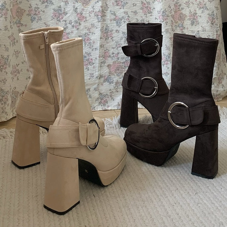 Square Buckle - High Lolita Accents Inner Khaki Boots Heel Platform Mid-calf Toe Block with Zip
